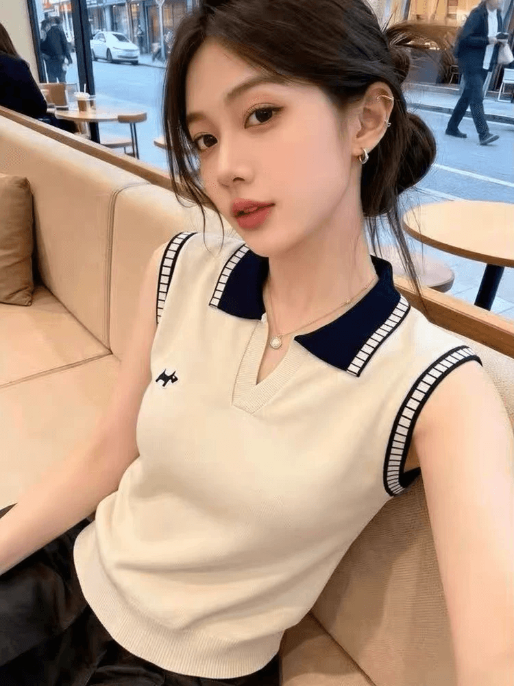 프랑스식 디자인 센스 배색 폴로 칼라 민소매 니트 조끼 여성 2026 여름 새로운 몸매 가꾸기 Chic 외출용 맨위 상세 이미지 2