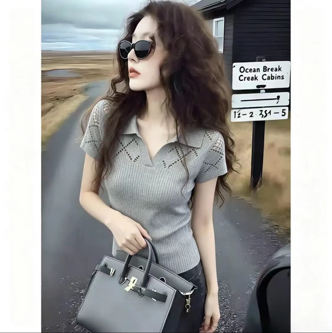 회색 고급 센스 POLO 셔츠 2026 년 여름 새로운 얼음 실크 반팔 티셔츠 여성 홀로우 아웃 루즈핏 슬림해 보이는 맨위 상세 이미지 2