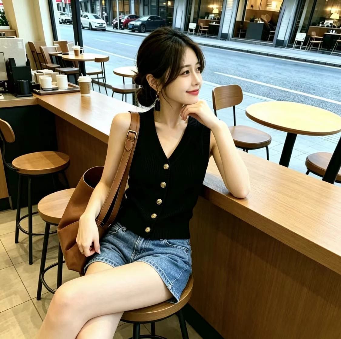 고유 한 아름다운 검정색 V넥 싱글 줄 버튼 민소매 조끼 여성 여름 몸매 가꾸기 슬림해 보이는 다용도 니트 스웨터 맨위 이미지 3