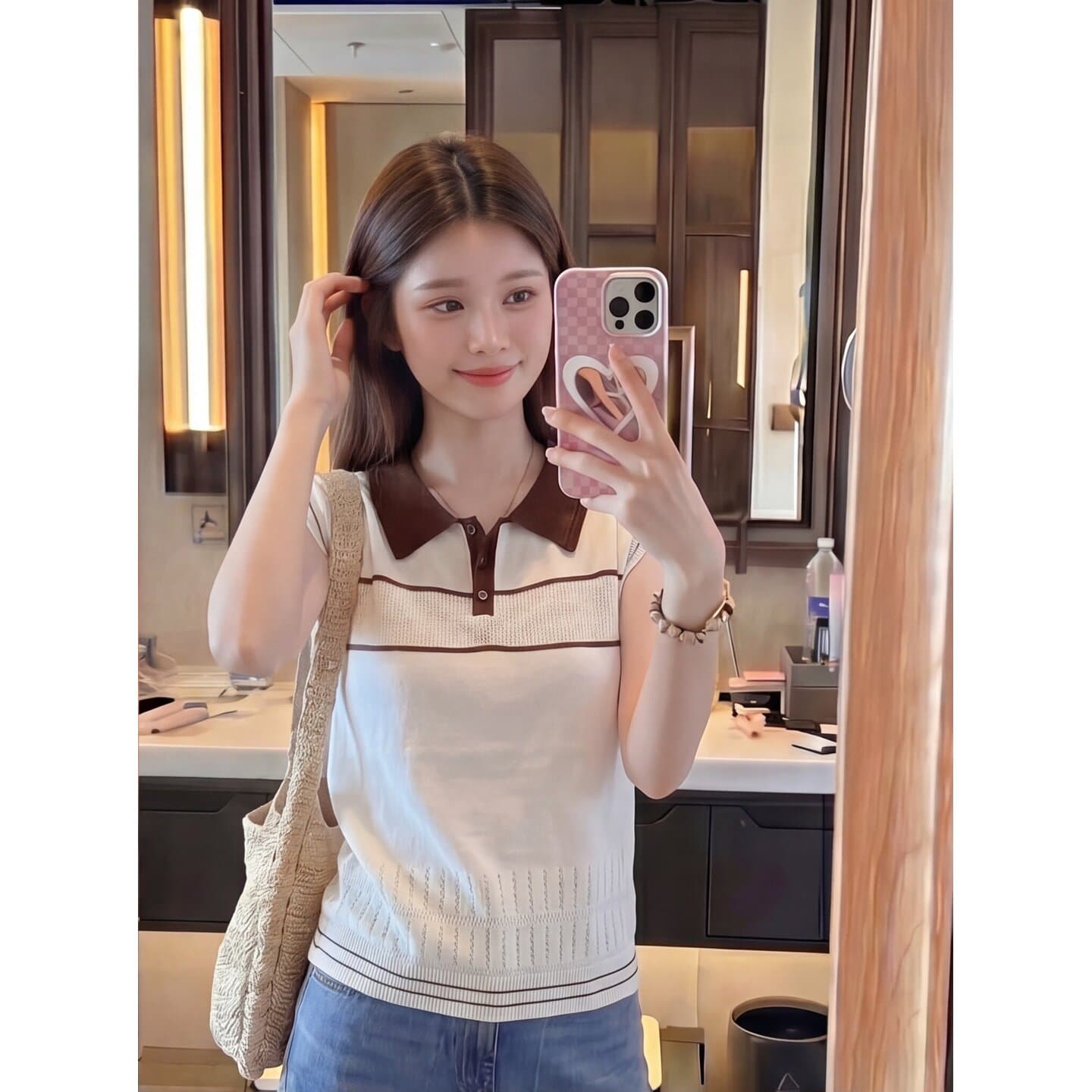한국 스타일 캐주얼 고급 센스 POLO 칼라 배색 니트 민소매 여성 여름 패션 루즈핏 연령 감소 출퇴근 맨위 트렌디 이미지 2