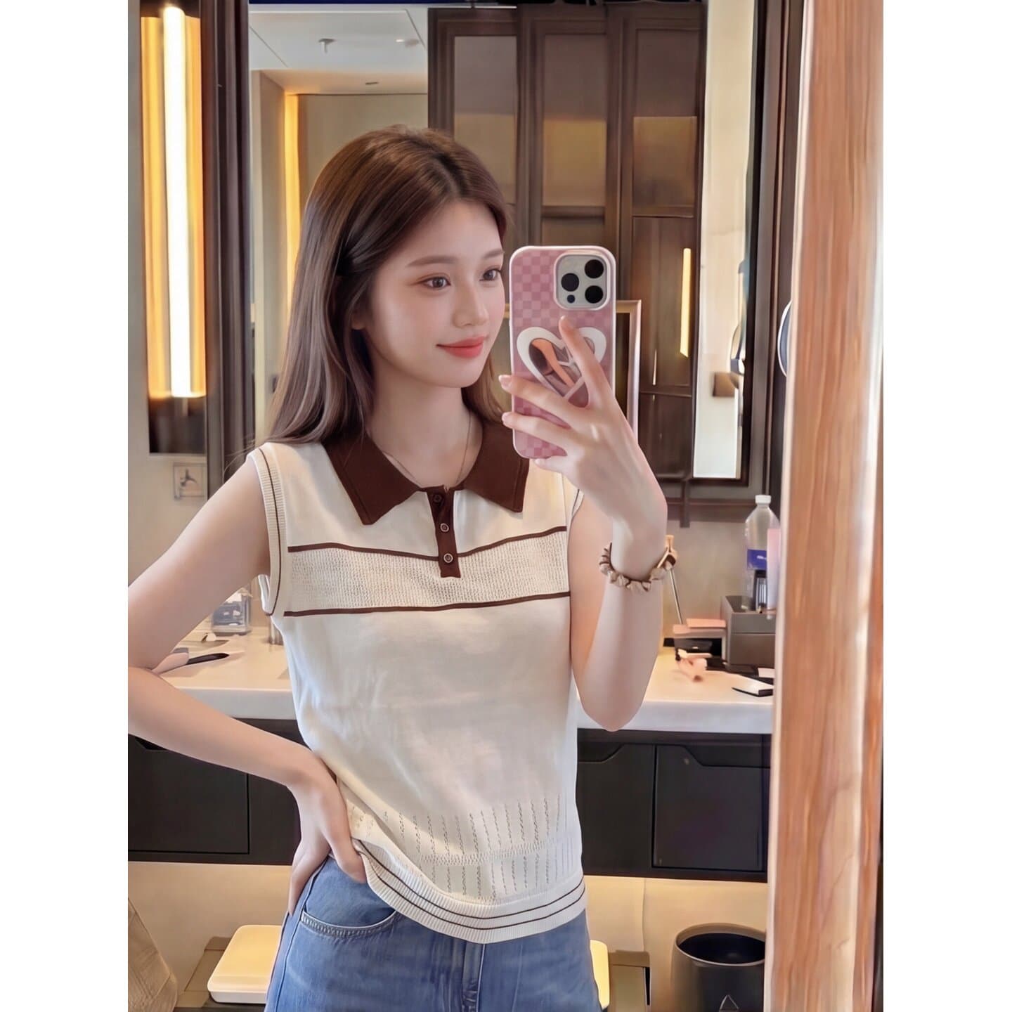 한국 스타일 캐주얼 고급 센스 POLO 칼라 배색 니트 민소매 여성 여름 패션 루즈핏 연령 감소 출퇴근 맨위 트렌디 이미지 4
