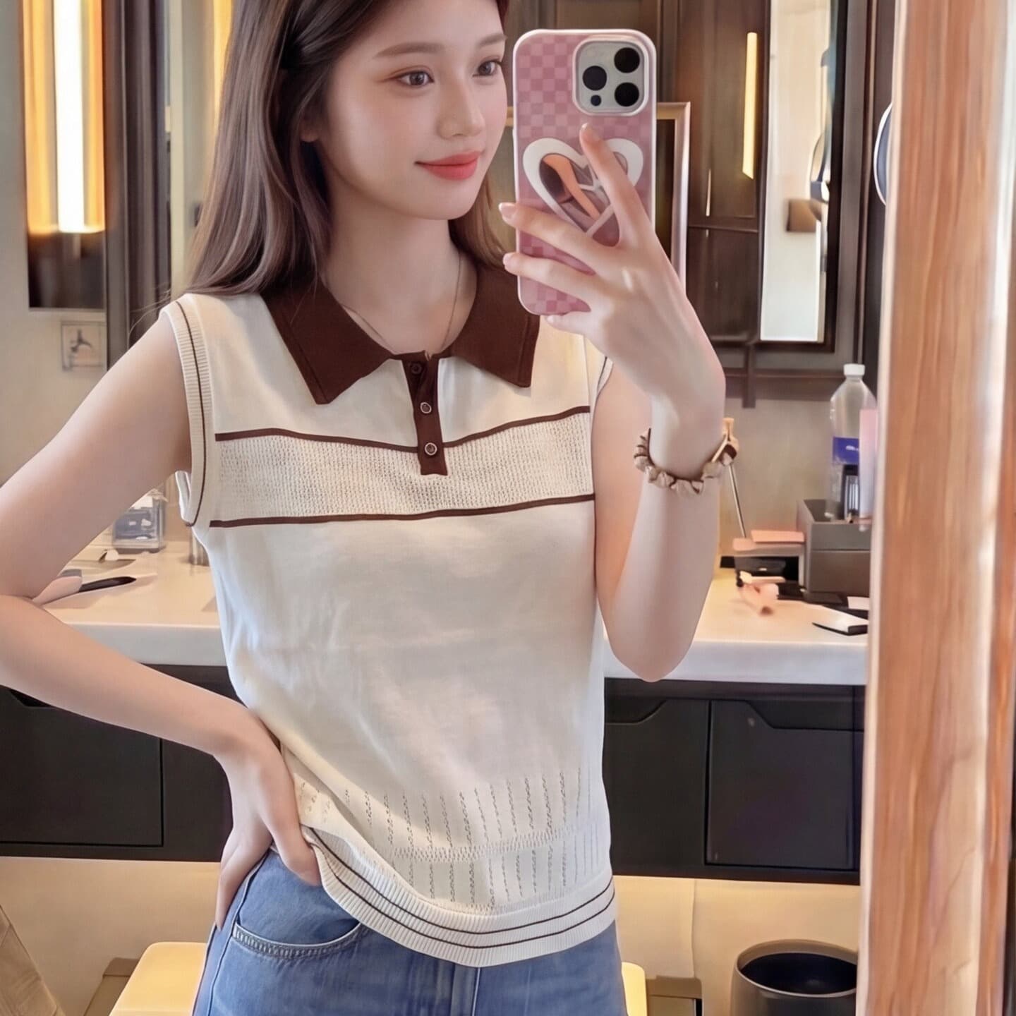 한국 스타일 캐주얼 고급 센스 POLO 칼라 배색 니트 민소매 여성 여름 패션 루즈핏 연령 감소 출퇴근 맨위 트렌디 이미지 5