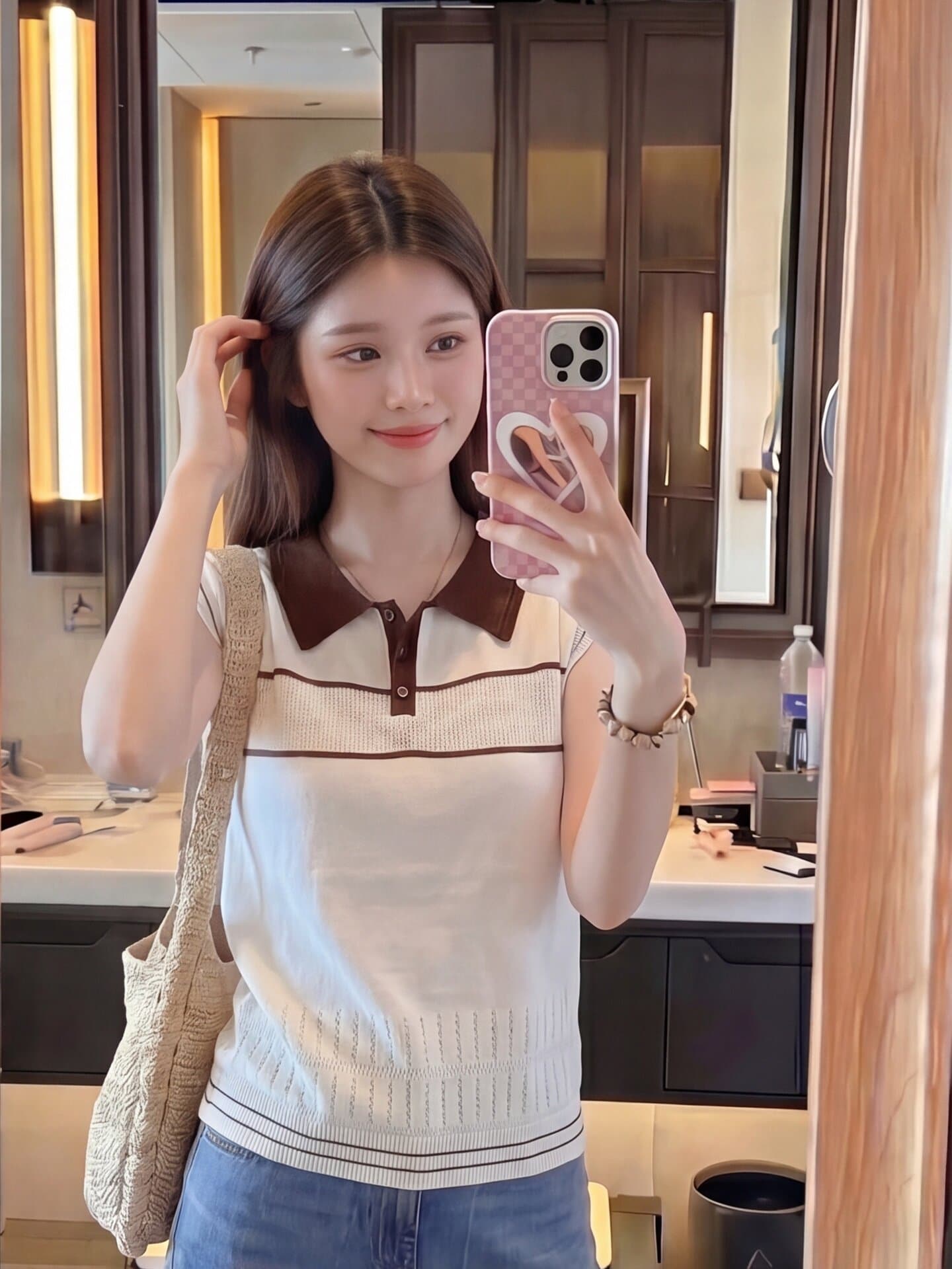 한국 스타일 캐주얼 고급 센스 POLO 칼라 배색 니트 민소매 여성 여름 패션 루즈핏 연령 감소 출퇴근 맨위 트렌디 상세 이미지 1