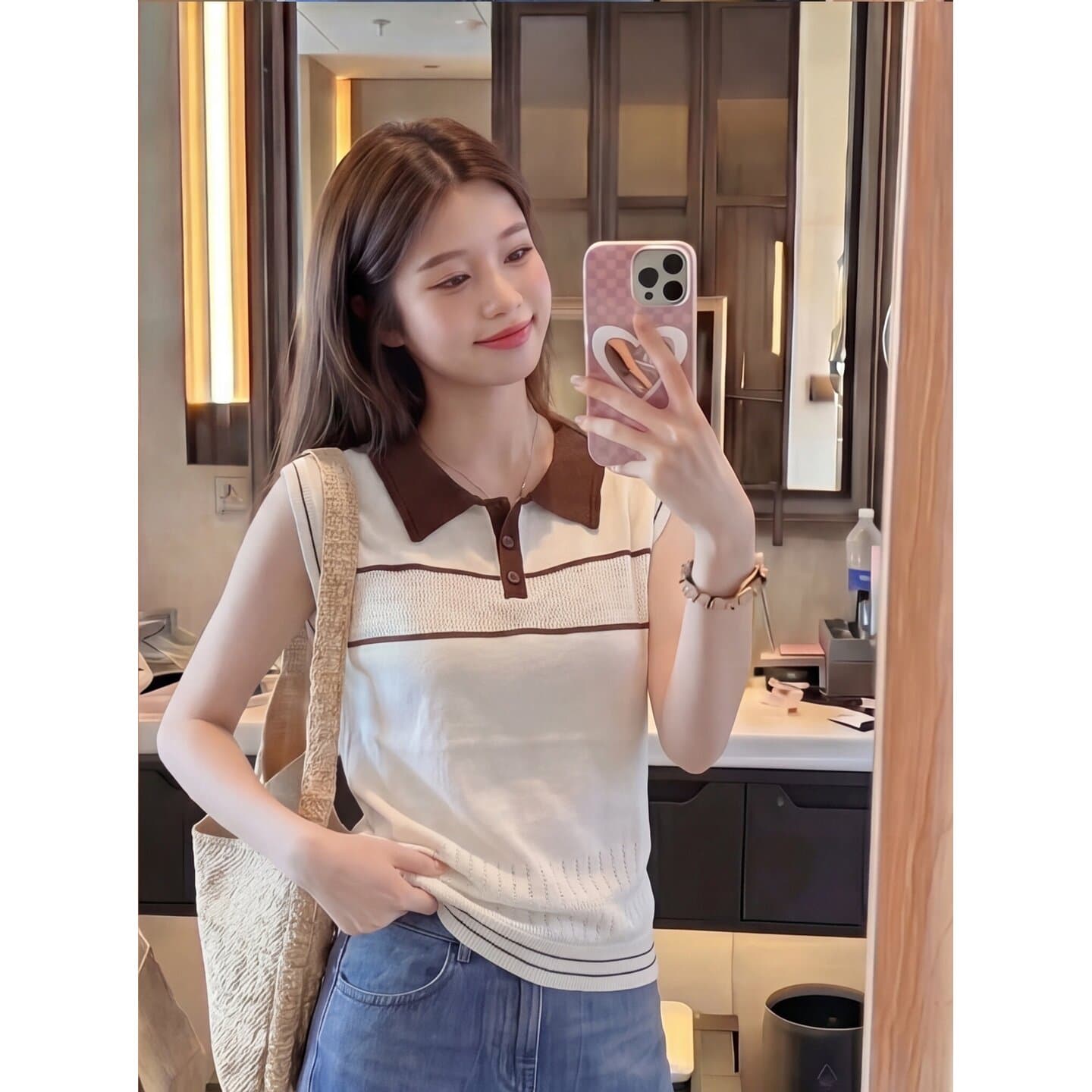 한국 스타일 캐주얼 고급 센스 POLO 칼라 배색 니트 민소매 여성 여름 패션 루즈핏 연령 감소 출퇴근 맨위 트렌디 상세 이미지 2