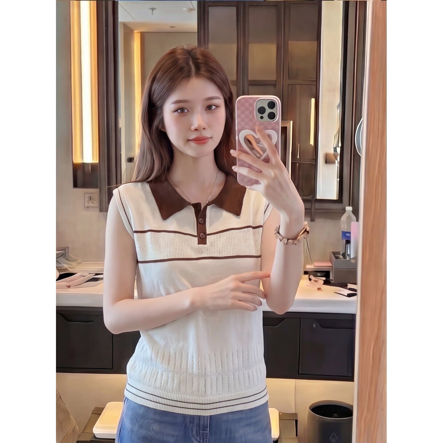 한국 스타일 캐주얼 고급 센스 POLO 칼라 배색 니트 민소매 여성 여름 패션 루즈핏 연령 감소 출퇴근 맨위 트렌디 상세 이미지 5