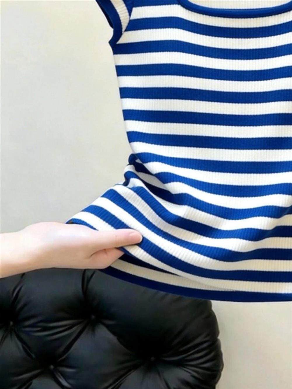 디자인 센스 스트라이프 광장 칼라 작은 Feifei 소매 티셔츠 여성 여름 외국 가스 연령 감소 몸매 가꾸기 슬림해 보이는 패션 다용도 맨위 상세 이미지 3