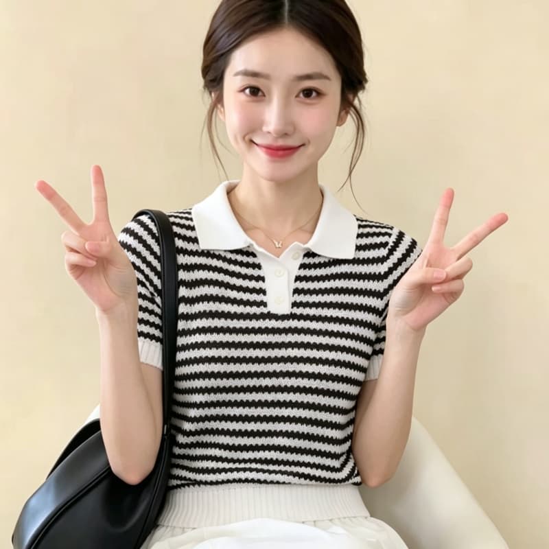 새로운 여름 오래된 돈 바람 폴로 칼라 스트라이프 POLO 칼라 얼음 실크 니트 티셔츠 여성 프랑스식 품격 반팔 맨위 얇은 이미지 4