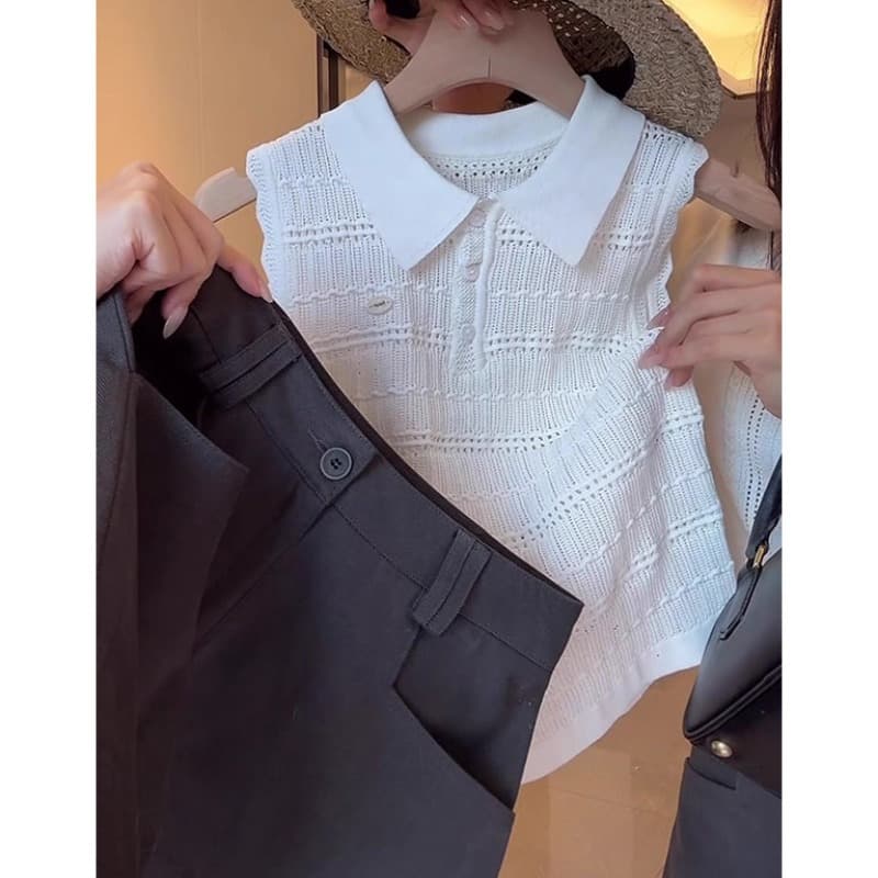 프랑스식 부드러운 편안함 화이트 POLO 칼라 니트 맨위 여성 2026 여름 폴로 칼라 단추 통기성 민소매 작은 셔츠 이미지 5