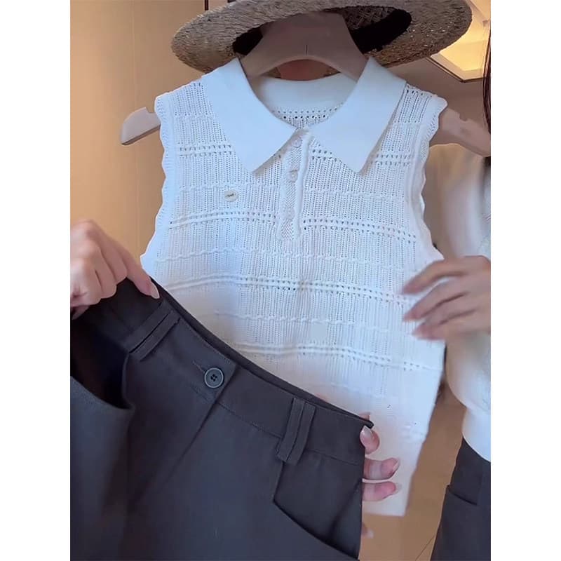 프랑스식 부드러운 편안함 화이트 POLO 칼라 니트 맨위 여성 2026 여름 폴로 칼라 단추 통기성 민소매 작은 셔츠 상세 이미지 3