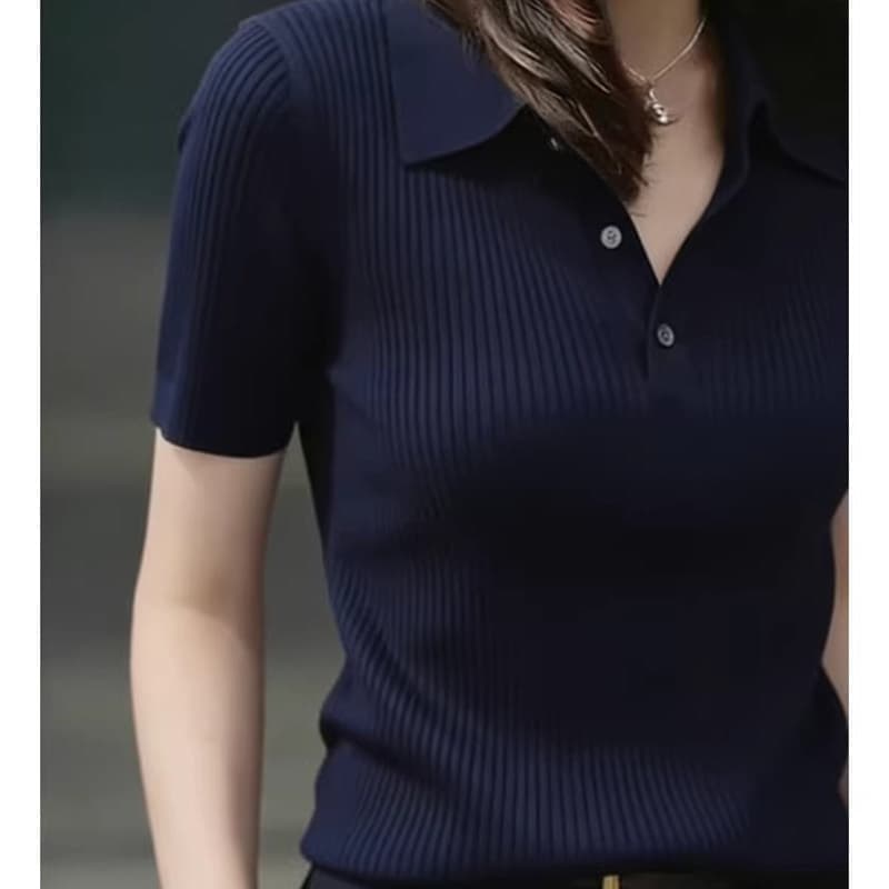 2026 봄 여름 새로운 출퇴근 바람 해군 POLO 칼라 반팔 니트 스웨터 여성 다용도 슬림해 보이는 맨위 상세 이미지 4