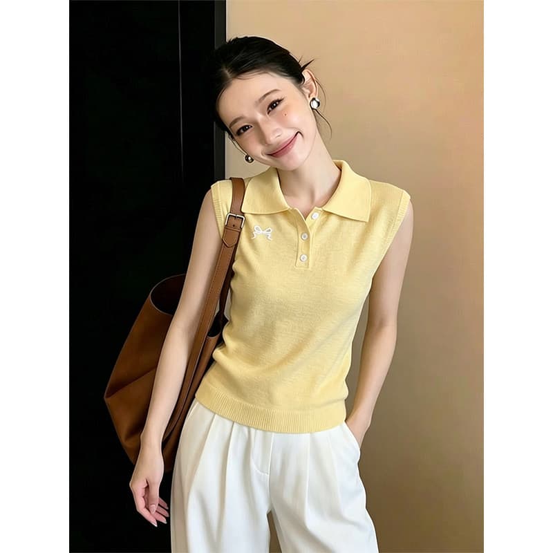 POLO 칼라 Chic 작은 대중 나비 매듭 니트 조끼 여성 여름 황색 다용도 민소매 미니멀리즘 디자인 센스 맨위 이미지 2