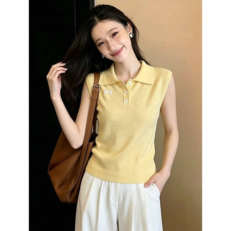 POLO 칼라 Chic 작은 대중 나비 매듭 니트 조끼 여성 여름 황색 다용도 민소매 미니멀리즘 디자인 센스 맨위 이미지 4