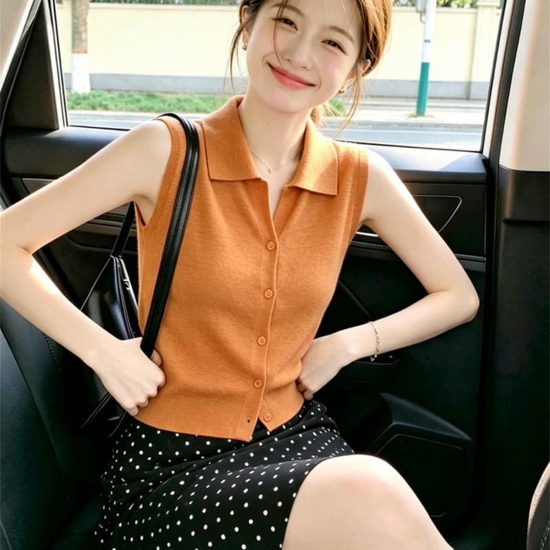 빛 사람들 착용 가져 가라. 주황색 POLO 칼라 어깨 맨위 조끼 여성 여름 민소매 외출용 얼음 실크 폴로 칼라 니트 슬립 상세 이미지 4