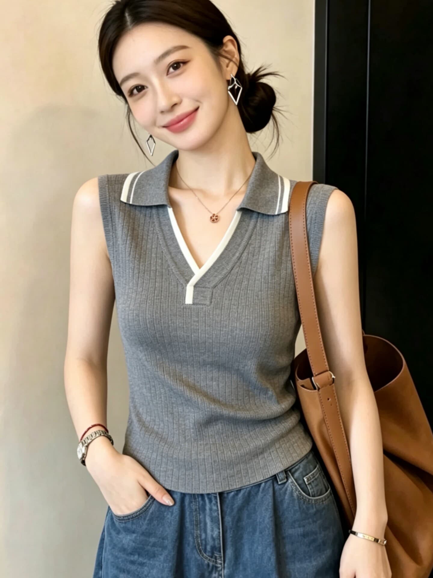 오래된 돈 바람 배색 POLO 칼라 니트 조끼 여성 여름 고급 센스 착용 가져 가라. 슬림해 보이는 품격 다용도 미니멀리즘 어깨 이미지 3