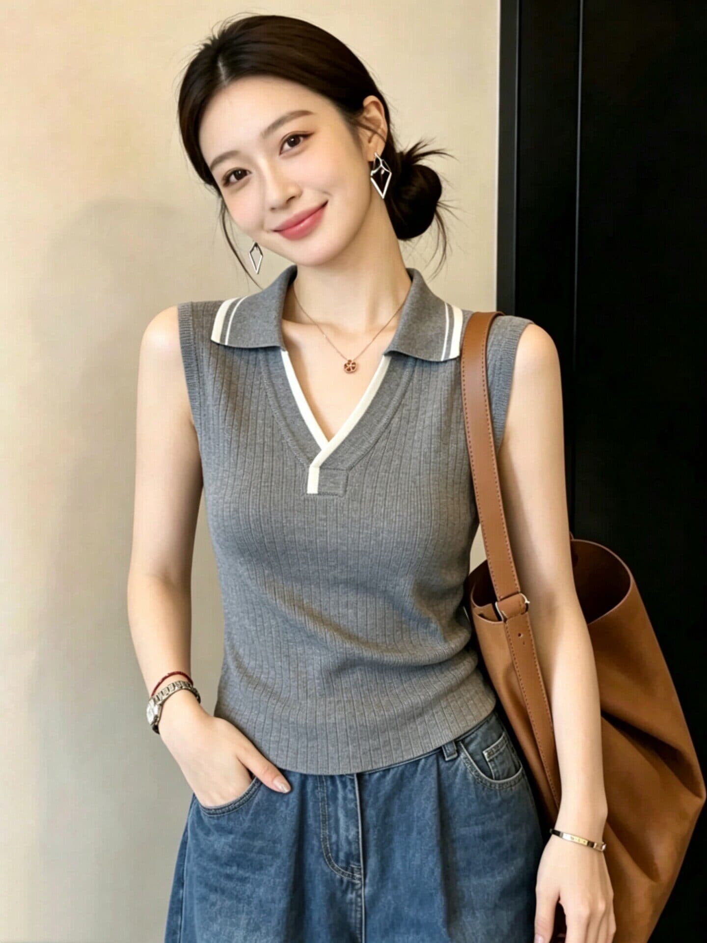 오래된 돈 바람 배색 POLO 칼라 니트 조끼 여성 여름 고급 센스 착용 가져 가라. 슬림해 보이는 품격 다용도 미니멀리즘 어깨 상세 이미지 1