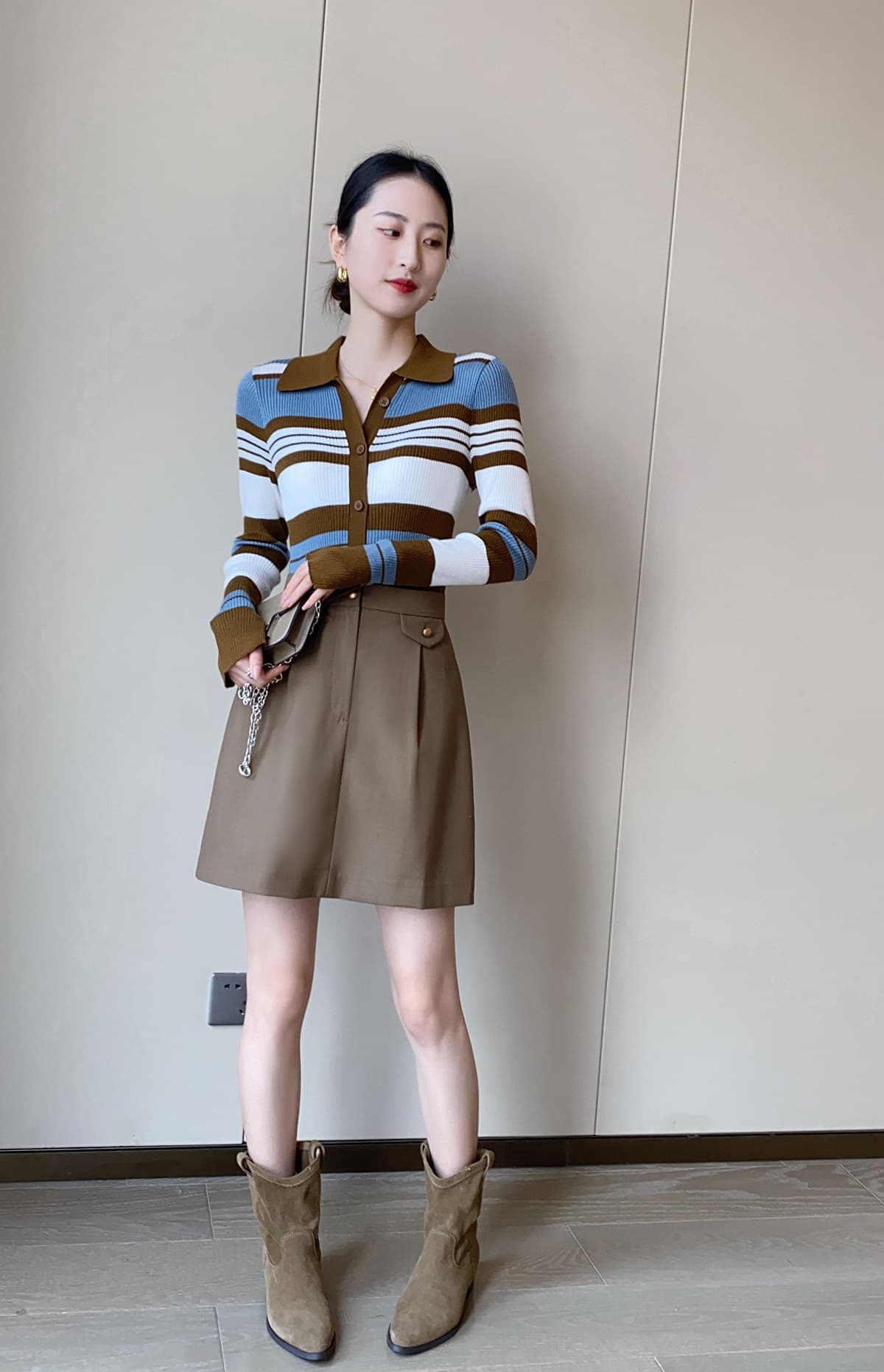 pinkeen 배색 스트라이프 POLO 칼라 니트 오픈 가디건 여성 가을 2026 새로운 레트로 슬림해 보이는 스웨터 작은 외투 상세 이미지 4