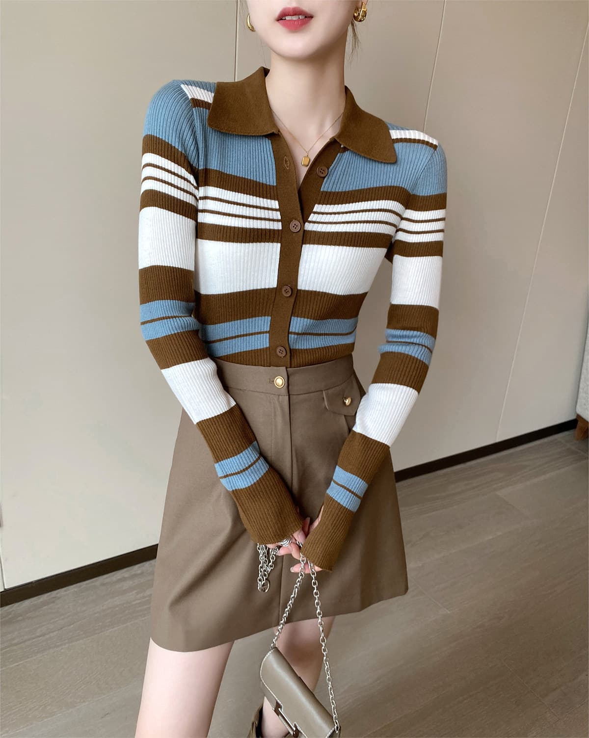 pinkeen 배색 스트라이프 POLO 칼라 니트 오픈 가디건 여성 가을 2026 새로운 레트로 슬림해 보이는 스웨터 작은 외투 상세 이미지 12