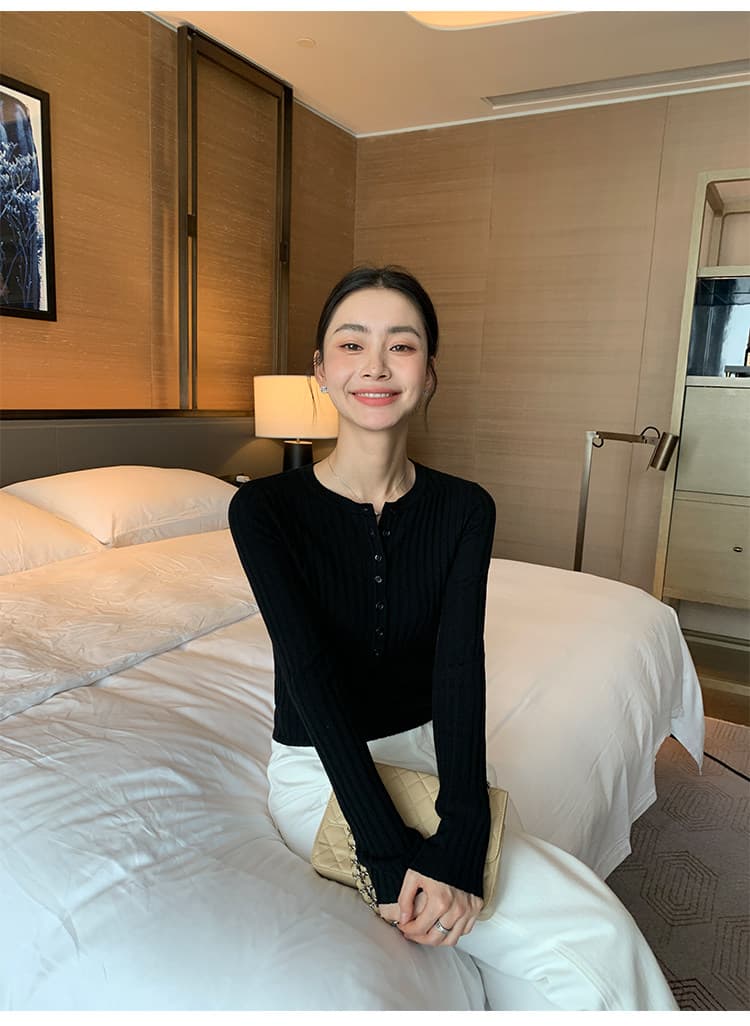 maven lin 밝은 노란색 색상 즐기십시오 이익 칼라 몸매 가꾸기 슬림해 보이는 니트 스웨터 여성 봄 가을 얇은 스타일 조개 버클 스택 착용 맨위 이미지 3