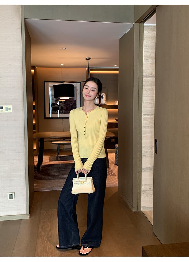 maven lin 밝은 노란색 색상 즐기십시오 이익 칼라 몸매 가꾸기 슬림해 보이는 니트 스웨터 여성 봄 가을 얇은 스타일 조개 버클 스택 착용 맨위 상세 이미지 7