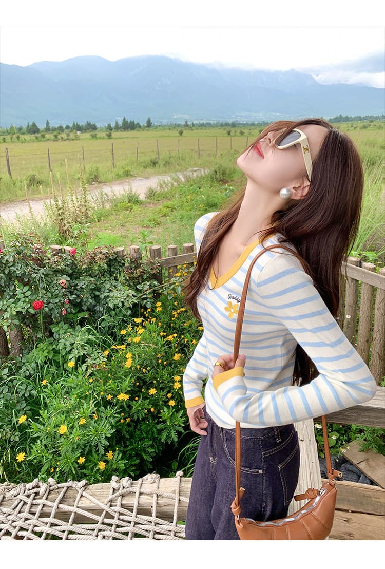 한 번 작은 짭짤한 한 부서 스트라이프 V넥 긴팔 니트 인사이드 가져 가라. 기본 셔츠 여성 가을 겨울철 몸매 가꾸기 티셔츠 쇼트 스타일 맨위 상세 이미지 7