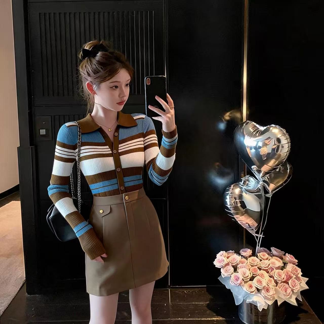 패션 빛 럭셔리 우아함 바람 배색 스트라이프 폴로 칼라 긴팔 니트 스웨터 여성 가을 섹션 미니멀리즘 연령 감소 다용도 작은 셔츠