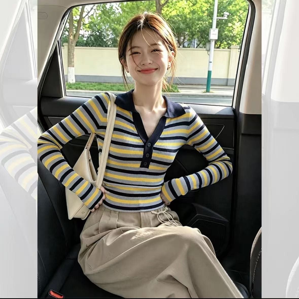 아메리칸 레트로 배색 스트라이프 니트 기본 셔츠 여성 인사이드 가져 가라. 디자인 센스 가을 겨울철 몸매 가꾸기 긴팔 긍정적 인 어깨 의류 이미지 2