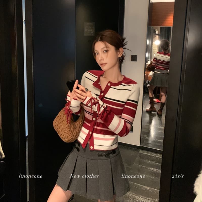 linoneone miu 우는 소리 연인 빨간색과 흰색 스트라이프 나비 매듭 긴팔 신축성 몸매 가꾸기 니트 오픈 가디건 이미지 5