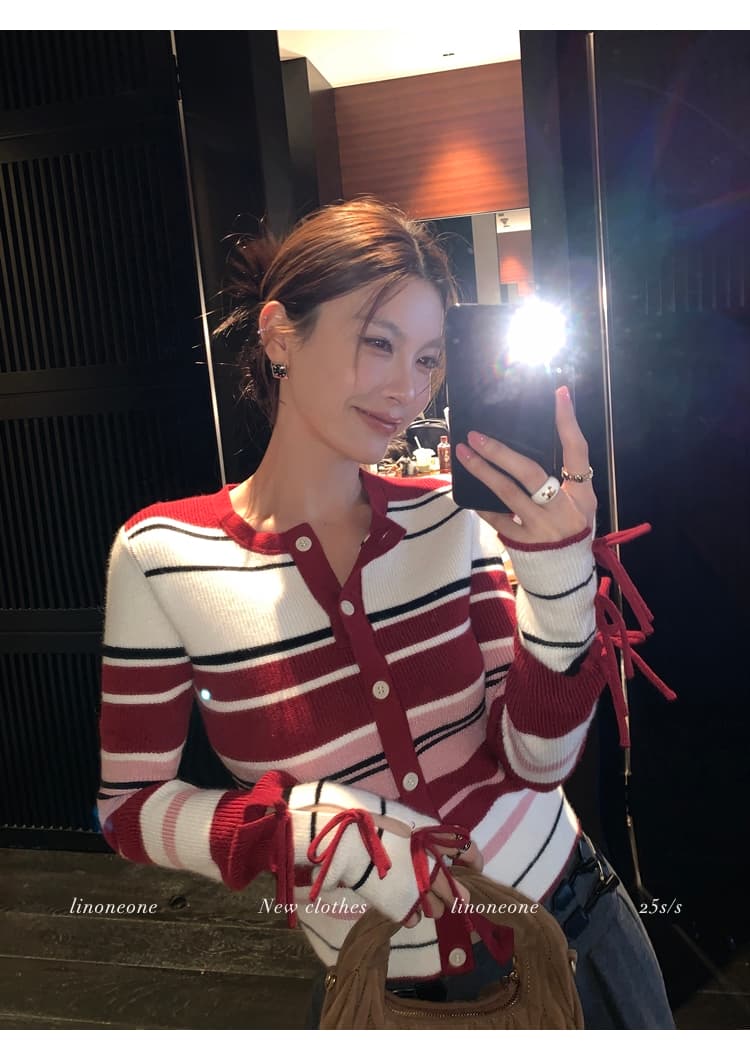 linoneone miu 우는 소리 연인 빨간색과 흰색 스트라이프 나비 매듭 긴팔 신축성 몸매 가꾸기 니트 오픈 가디건 상세 이미지 6