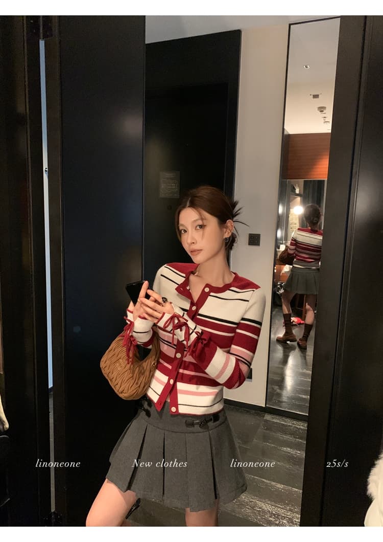 linoneone miu 우는 소리 연인 빨간색과 흰색 스트라이프 나비 매듭 긴팔 신축성 몸매 가꾸기 니트 오픈 가디건 상세 이미지 9