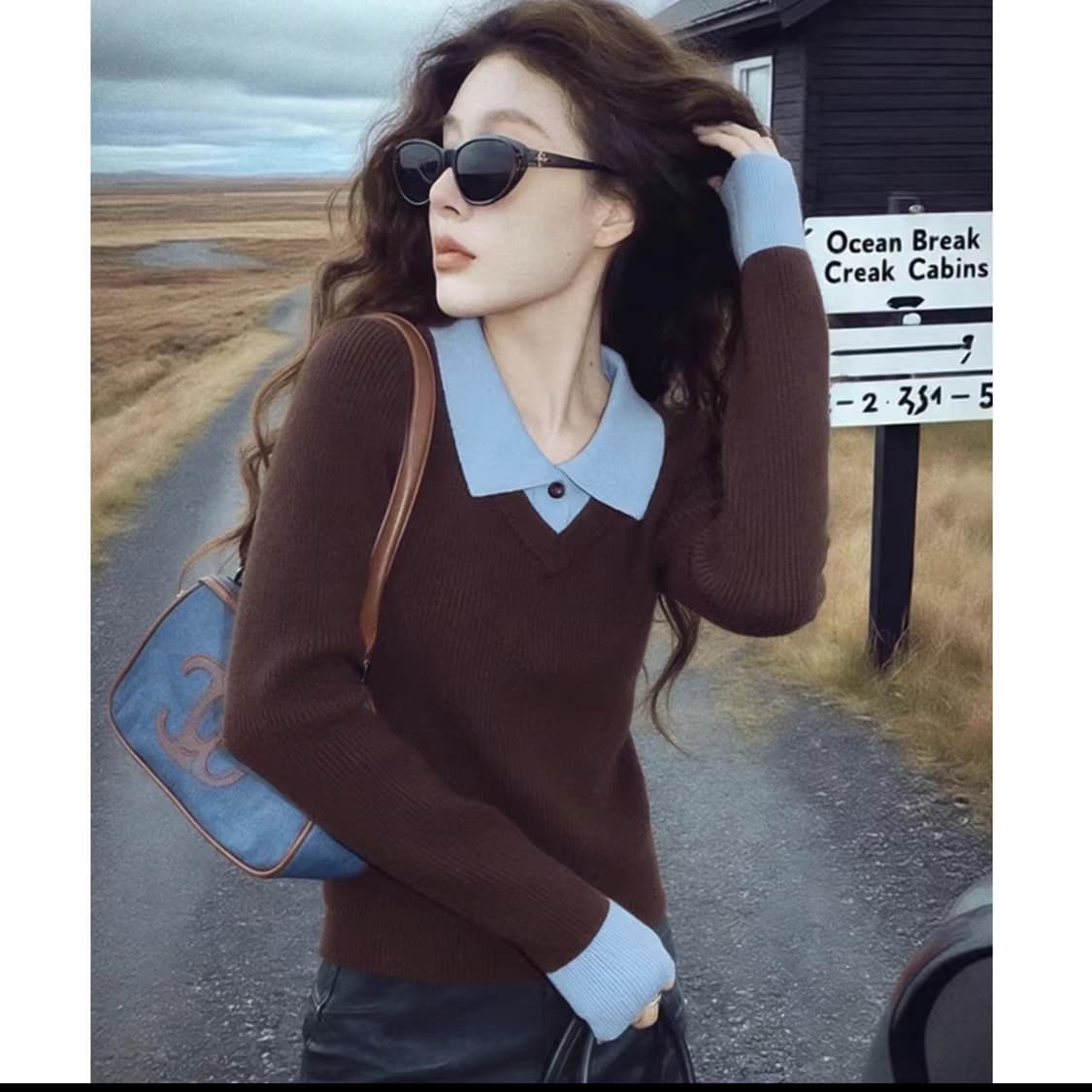 가을 겨울 브라운 긍정적 인 어깨 인사이드 가져 가라. 몸매 가꾸기 풀오버 스웨터 여자 POLO 칼라 페이크 레이어드 만나는 니트 스웨터 긴팔 맨위 이미지 2