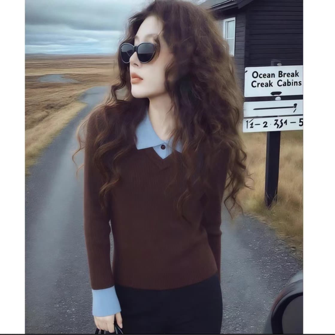 가을 겨울 브라운 긍정적 인 어깨 인사이드 가져 가라. 몸매 가꾸기 풀오버 스웨터 여자 POLO 칼라 페이크 레이어드 만나는 니트 스웨터 긴팔 맨위 이미지 5