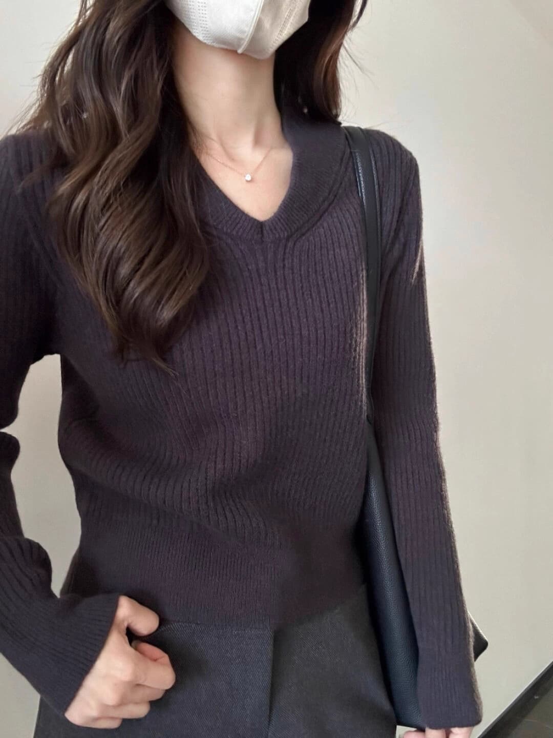 아메리칸 레트로 살구 색상 V넥 긴팔 미니멀리즘 스웨터 여자 가을 겨울 고급 센스 슬림해 보이는 인사이드 가져 가라. 만나는 니트 맨위 상세 이미지 3