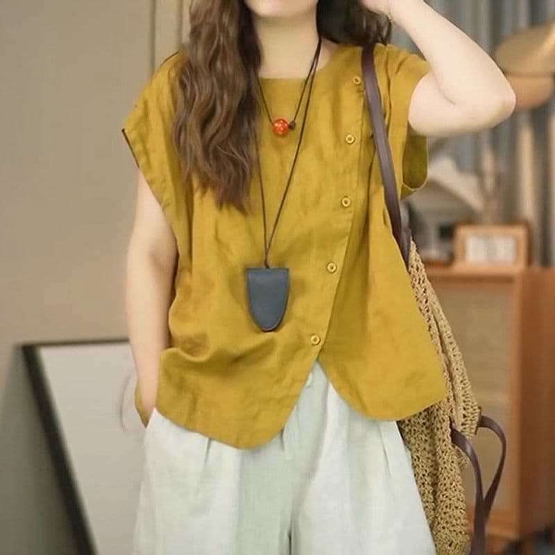 빅 사이즈 패션 캐주얼 비스듬한 襟 불규칙 반팔 여성 셔츠 여름 지방 mm 슬림해 보이는 다용도 품격 루즈핏 셔츠 상세 이미지 3