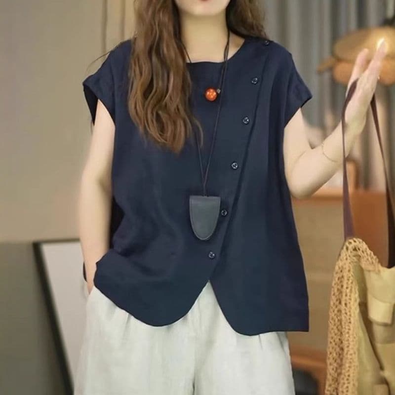 빅 사이즈 패션 캐주얼 비스듬한 襟 불규칙 반팔 여성 셔츠 여름 지방 mm 슬림해 보이는 다용도 품격 루즈핏 셔츠 상세 이미지 4