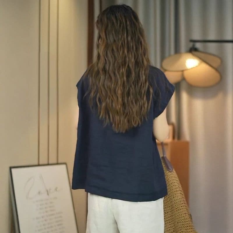 빅 사이즈 패션 캐주얼 비스듬한 襟 불규칙 반팔 여성 셔츠 여름 지방 mm 슬림해 보이는 다용도 품격 루즈핏 셔츠 상세 이미지 5