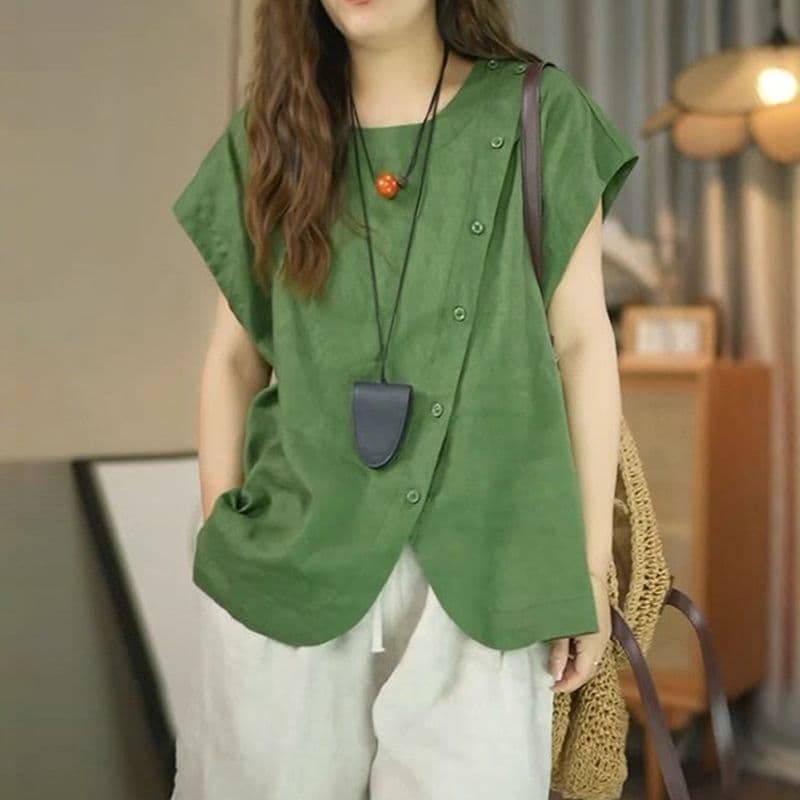 빅 사이즈 패션 캐주얼 비스듬한 襟 불규칙 반팔 여성 셔츠 여름 지방 mm 슬림해 보이는 다용도 품격 루즈핏 셔츠 상세 이미지 6