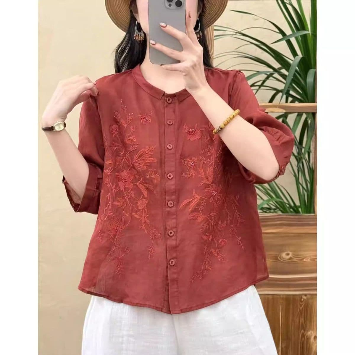 레트로 문예 라미 자수 여성 셔츠 2026 여름 얇은 스타일 통기성 5 점 소매 작은 셔츠 루즈핏 슬림해 보이는 맨위 상세 이미지 11
