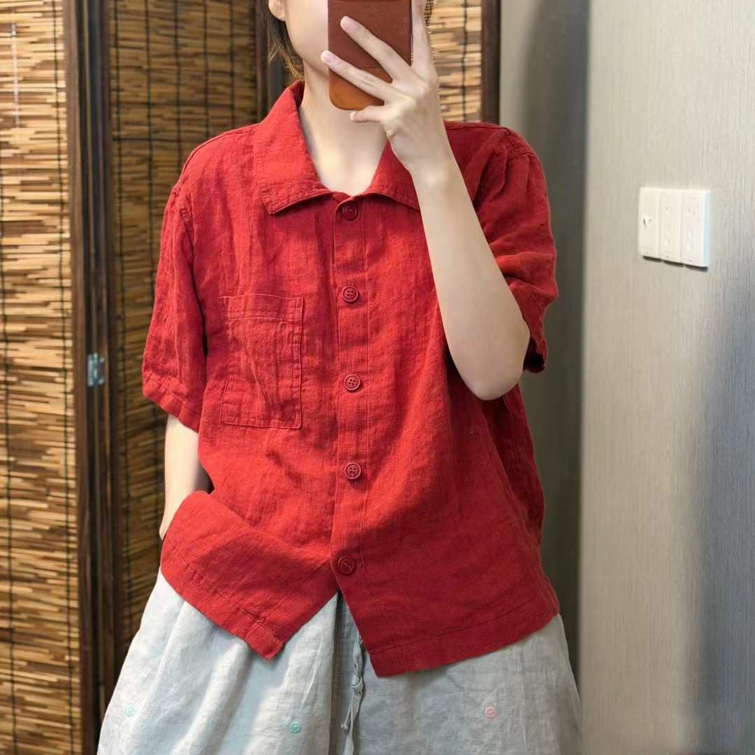 레트로 면 린넨 여성 셔츠 여름 새로운 단색 반팔 연령 감소 품격 문예 캐주얼 루즈핏 다용도 맨위 여성 이미지 3
