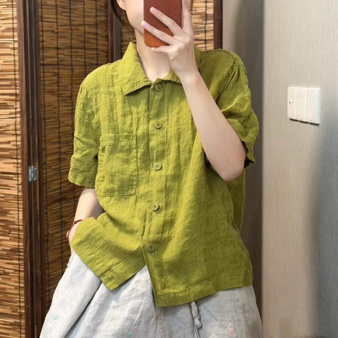 레트로 면 린넨 여성 셔츠 여름 새로운 단색 반팔 연령 감소 품격 문예 캐주얼 루즈핏 다용도 맨위 여성