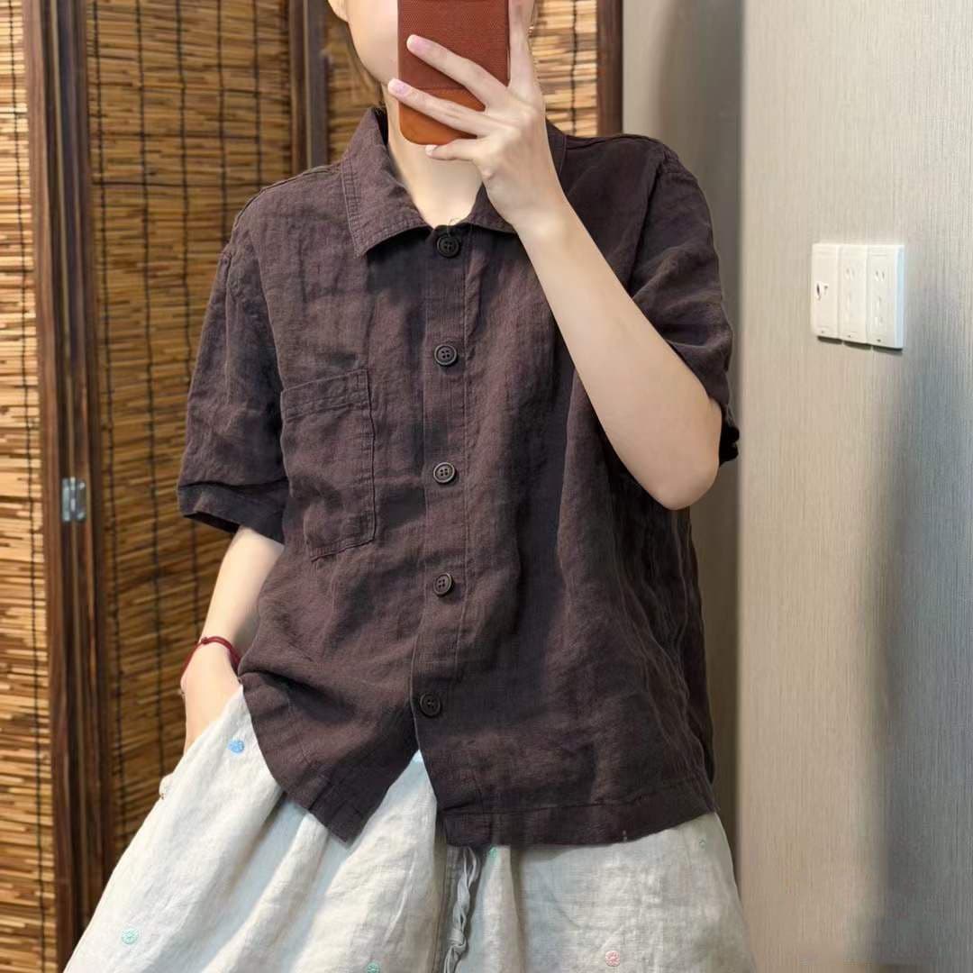 레트로 면 린넨 여성 셔츠 여름 새로운 단색 반팔 연령 감소 품격 문예 캐주얼 루즈핏 다용도 맨위 여성 이미지 4