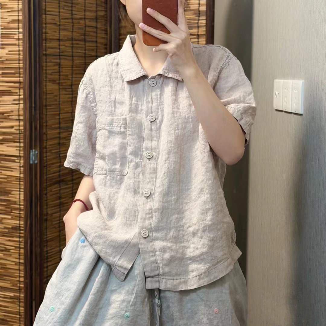 레트로 면 린넨 여성 셔츠 여름 새로운 단색 반팔 연령 감소 품격 문예 캐주얼 루즈핏 다용도 맨위 여성 이미지 5