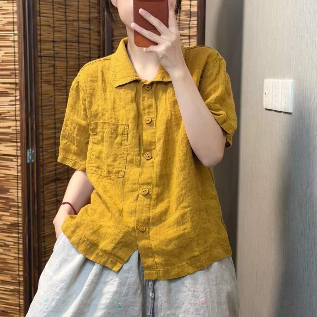 레트로 면 린넨 여성 셔츠 여름 새로운 단색 반팔 연령 감소 품격 문예 캐주얼 루즈핏 다용도 맨위 여성 상세 이미지 1