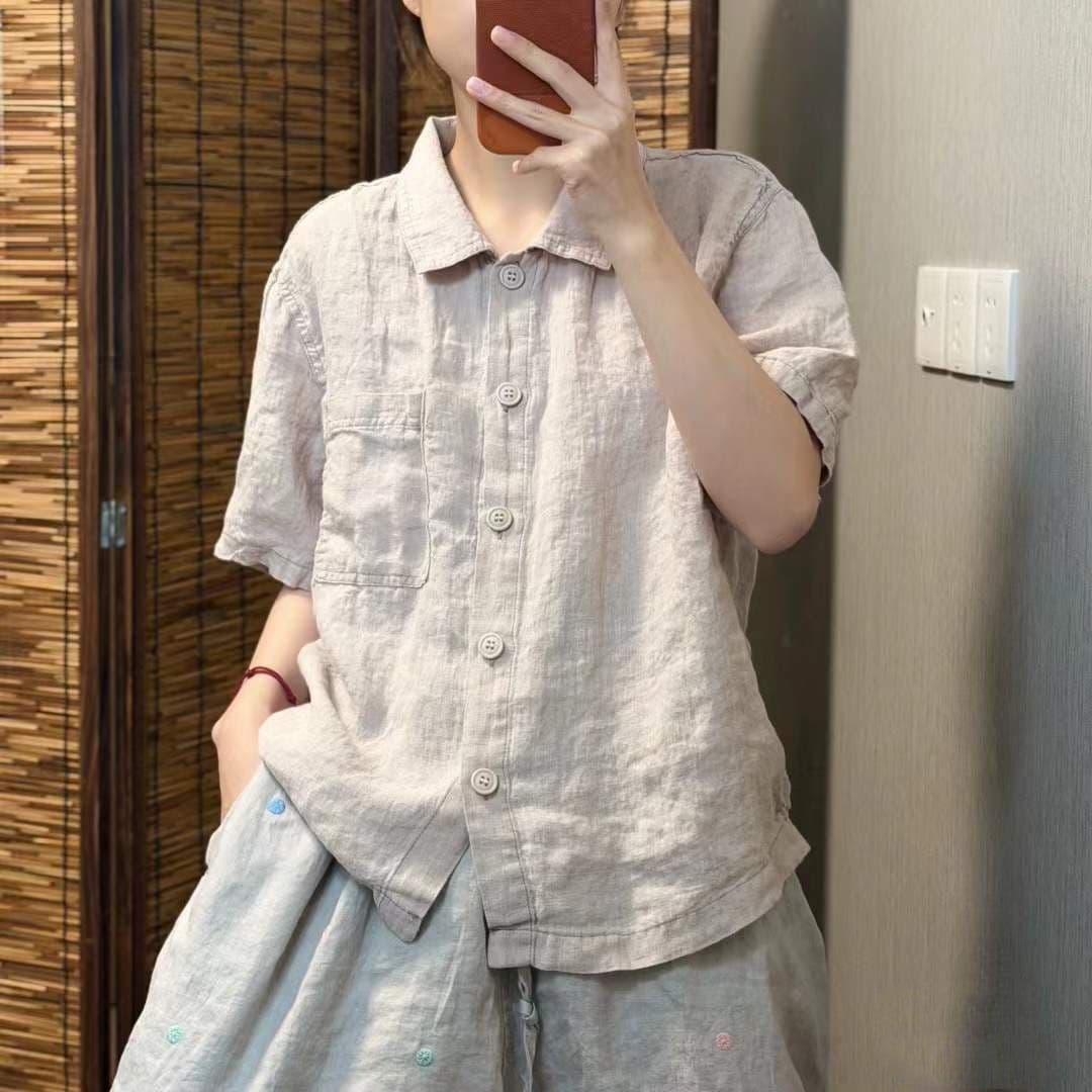 레트로 면 린넨 여성 셔츠 여름 새로운 단색 반팔 연령 감소 품격 문예 캐주얼 루즈핏 다용도 맨위 여성 상세 이미지 4