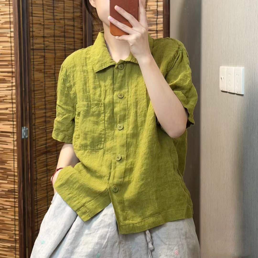 레트로 면 린넨 여성 셔츠 여름 새로운 단색 반팔 연령 감소 품격 문예 캐주얼 루즈핏 다용도 맨위 여성 상세 이미지 5