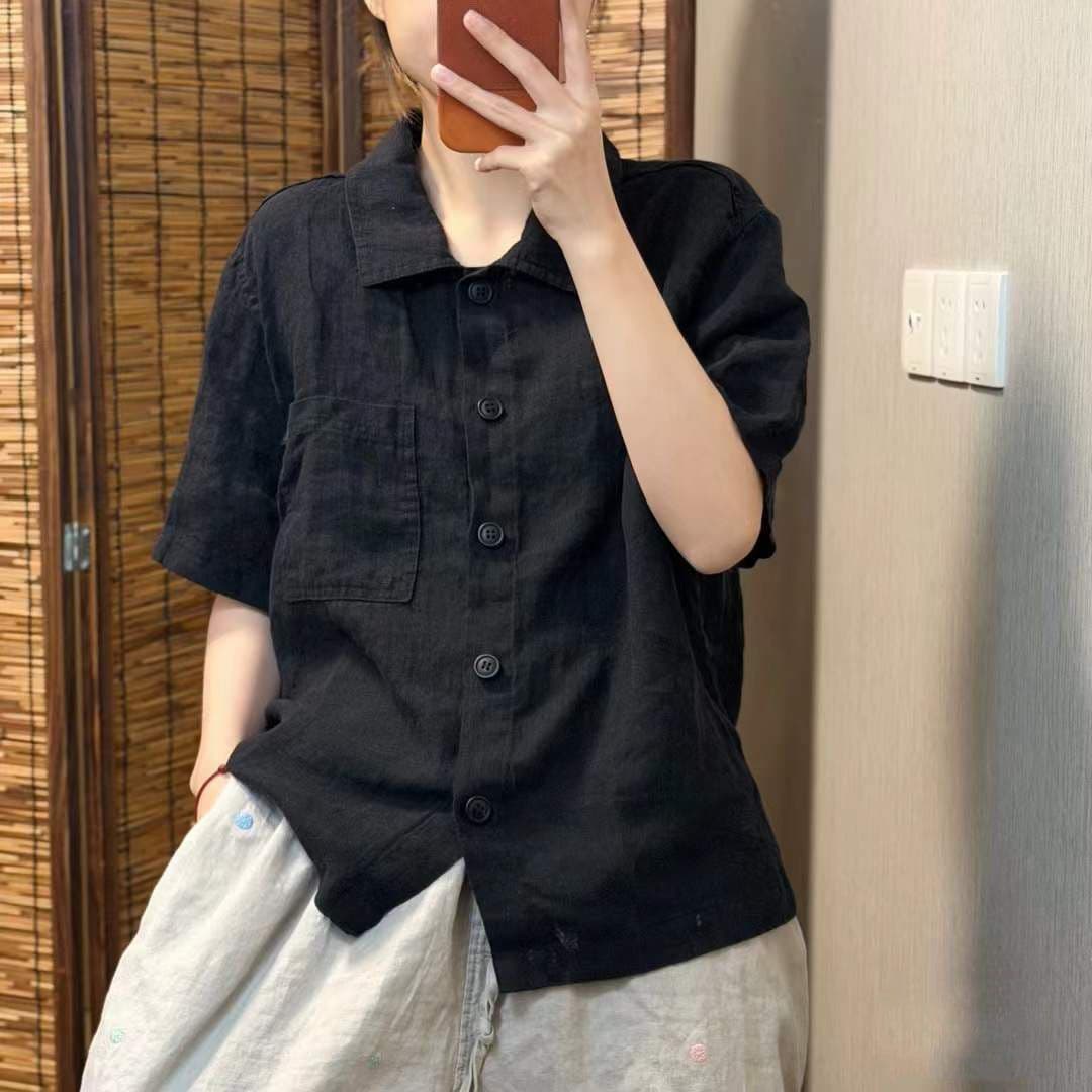 레트로 면 린넨 여성 셔츠 여름 새로운 단색 반팔 연령 감소 품격 문예 캐주얼 루즈핏 다용도 맨위 여성 상세 이미지 8