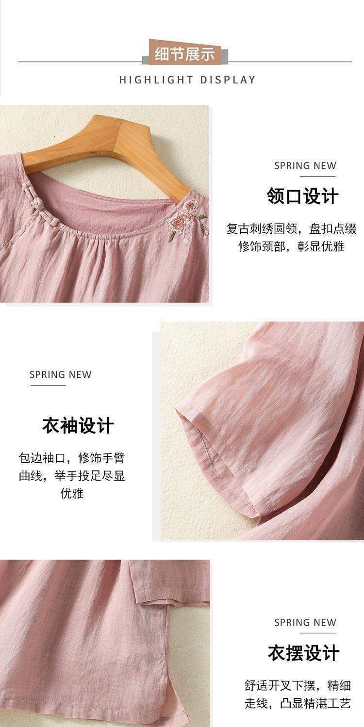 레트로 단색 라미 자수 라운드 넥 반팔 티셔츠 여성 여름 고급 문예 국풍 면 린넨 풀오버 얇은 스타일 맨위 상세 이미지 6