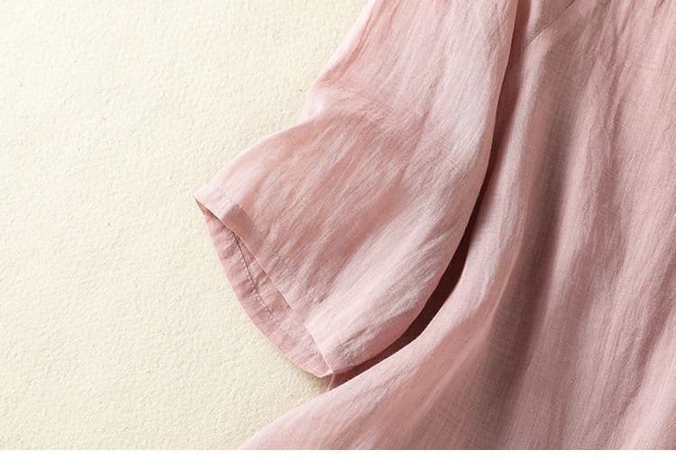 레트로 단색 라미 자수 라운드 넥 반팔 티셔츠 여성 여름 고급 문예 국풍 면 린넨 풀오버 얇은 스타일 맨위 상세 이미지 14