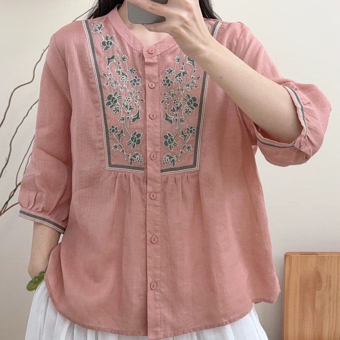 문예 자수 싱글 줄 버튼 슬림해 보이는 쇼트 스타일 면 린넨 셔츠 여름 새로운 품격 다용도 여성 5 점 소매 작은 셔츠 상세 이미지 9