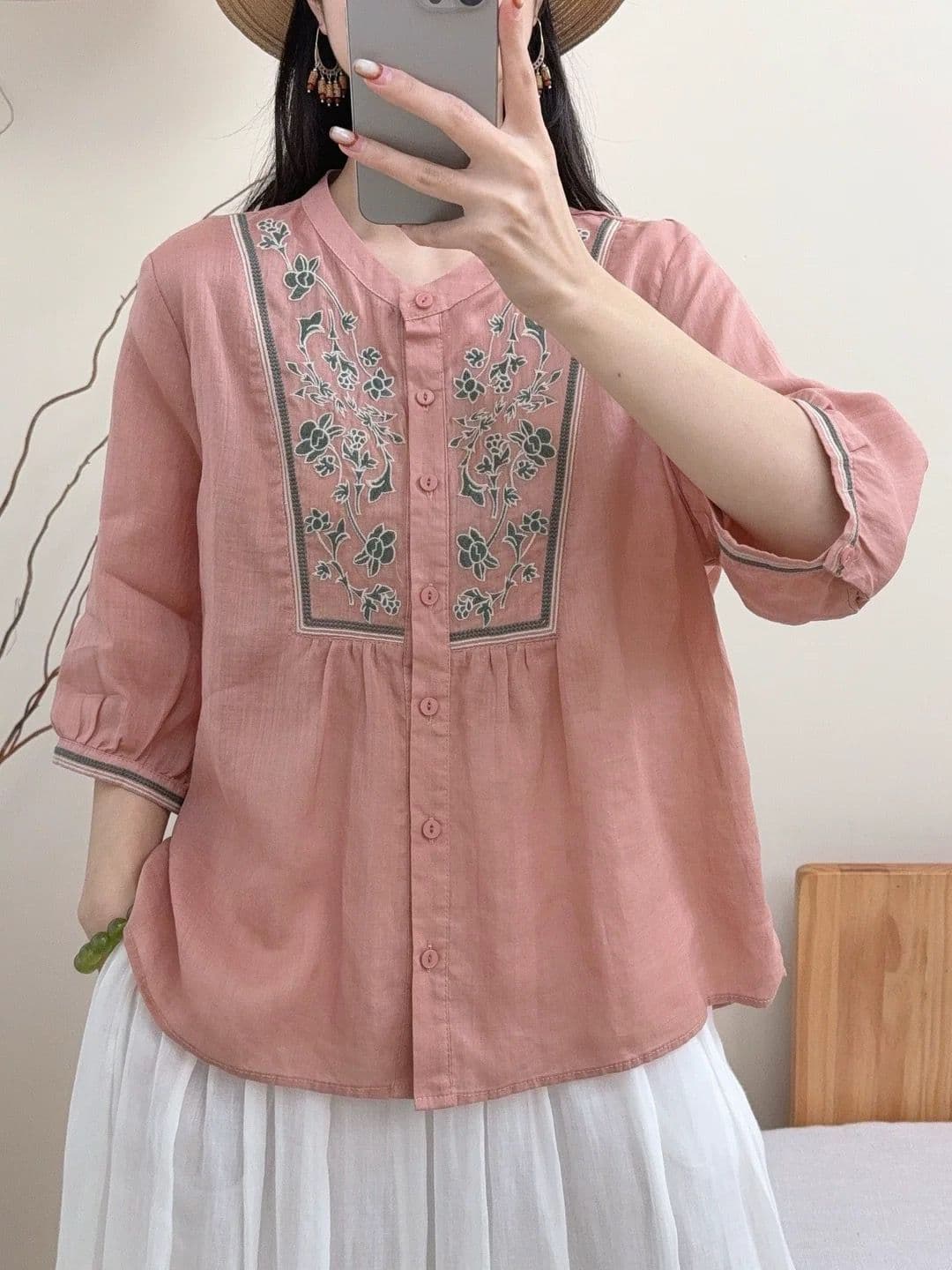 문예 자수 싱글 줄 버튼 슬림해 보이는 쇼트 스타일 면 린넨 셔츠 여름 새로운 품격 다용도 여성 5 점 소매 작은 셔츠 상세 이미지 30