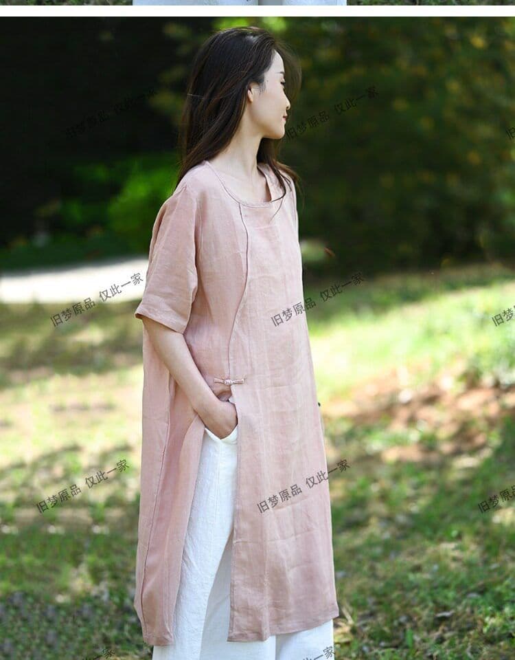 면 린넨 여성 의류 레트로 새로운 중식 민족 스타일 중간 길이 셔츠 드레스 상세 이미지 6